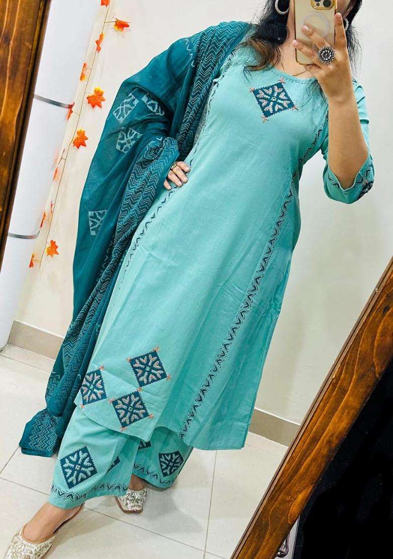 Blue Embroidered Cotton Straight Kurta Set - Indya