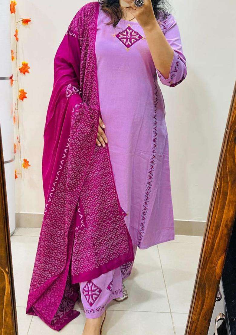 Purple Embroidered Cotton Straight Kurta Set - Indya