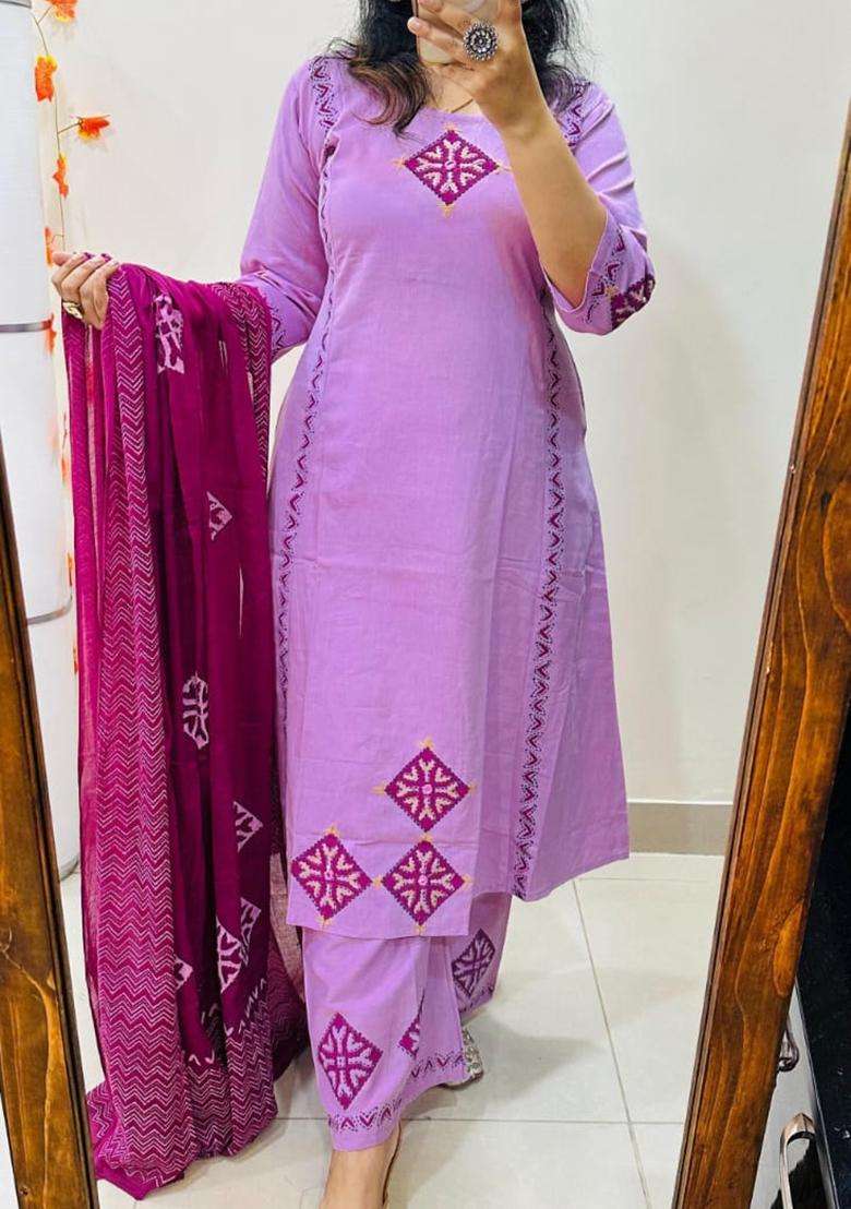 Purple Embroidered Cotton Straight Kurta Set - Indya