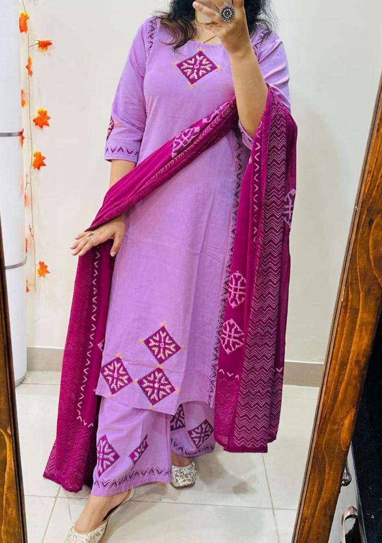 Purple Embroidered Cotton Straight Kurta Set - Indya
