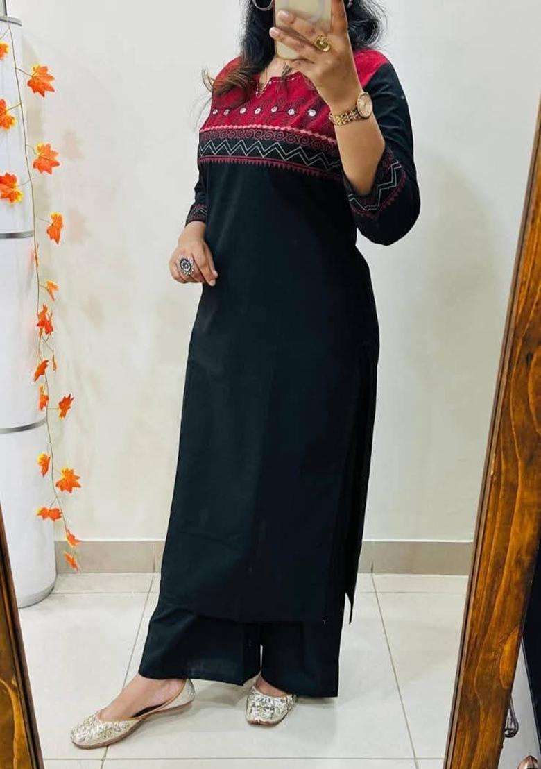 Black Embroidered Cotton Straight Kurta Set - Indya