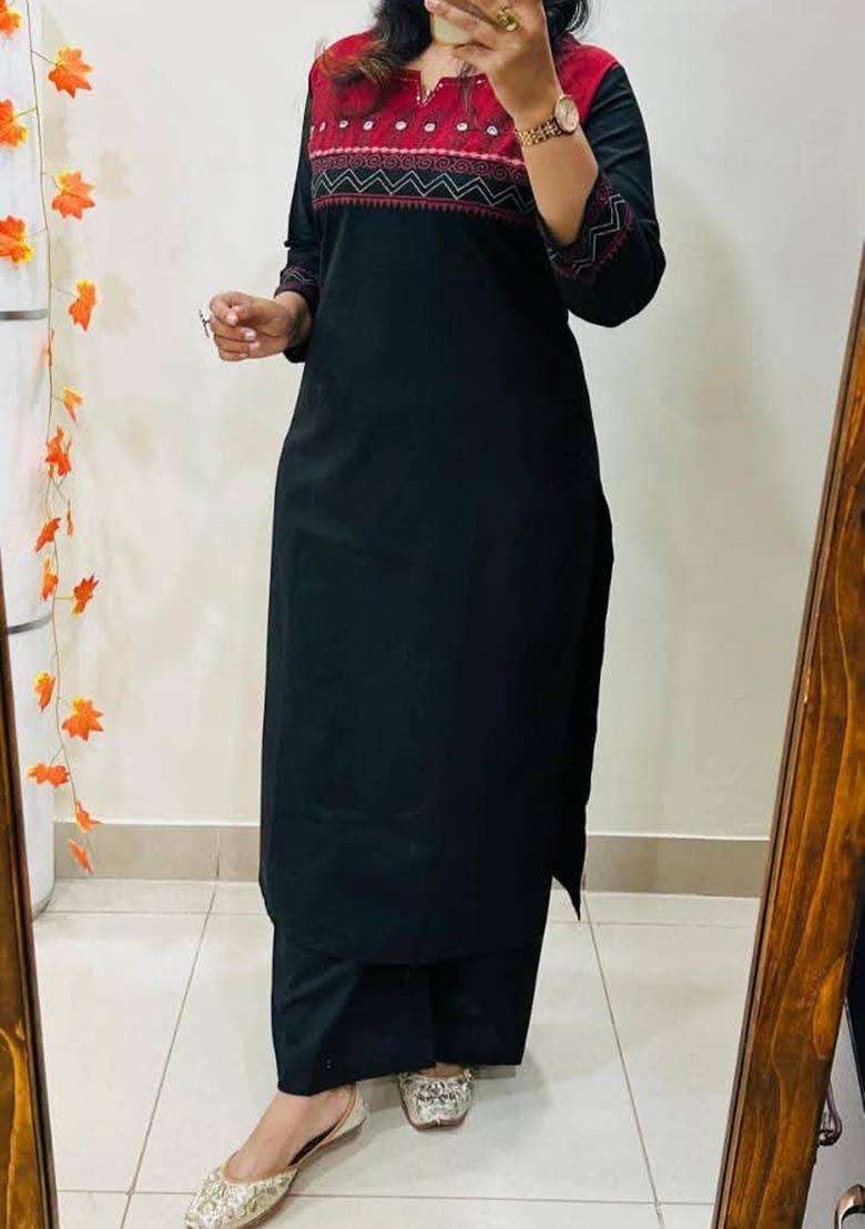 Black Embroidered Cotton Straight Kurta Set - Indya