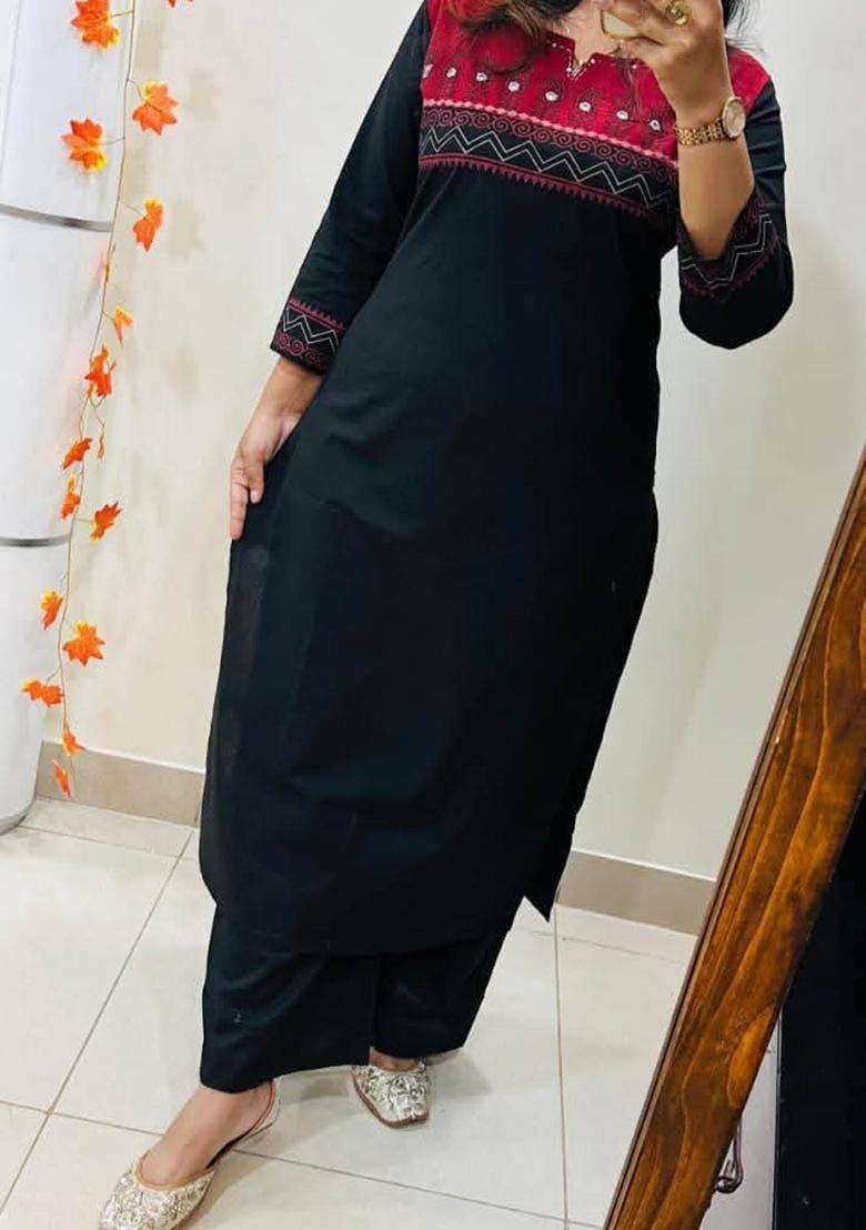 Black Embroidered Cotton Straight Kurta Set - Indya