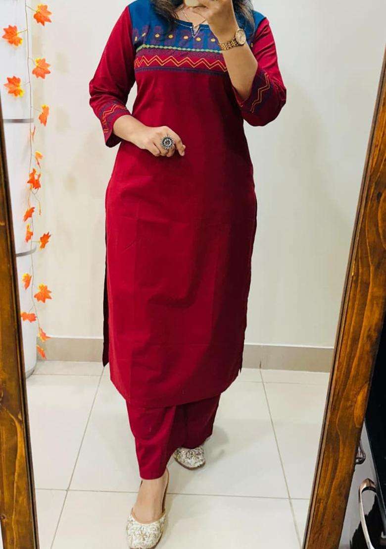 Red Embroidered Cotton Straight Kurta Set - Indya