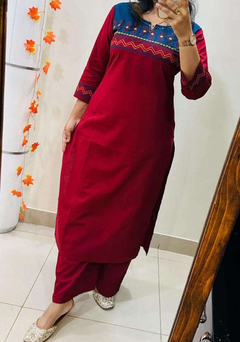 Red Embroidered Cotton Straight Kurta Set - Indya