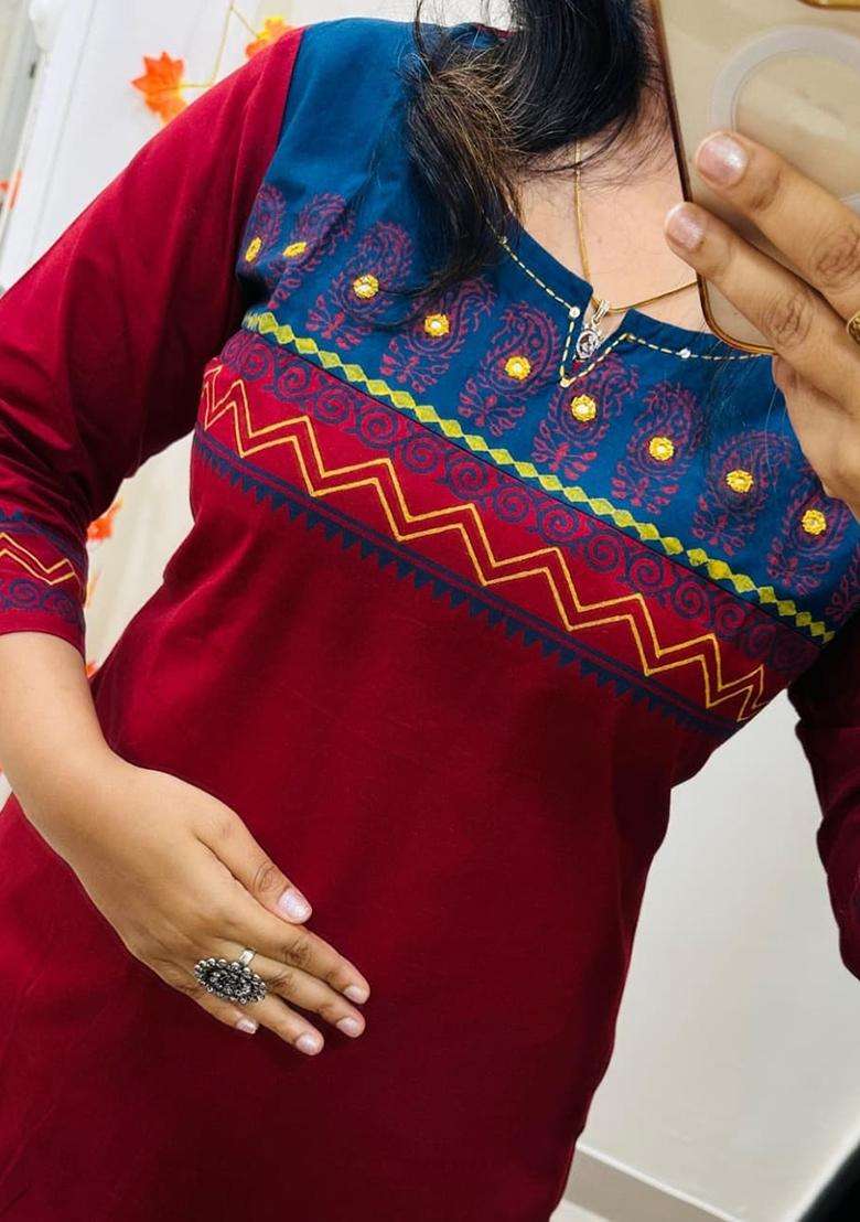 Red Embroidered Cotton Straight Kurta Set - Indya