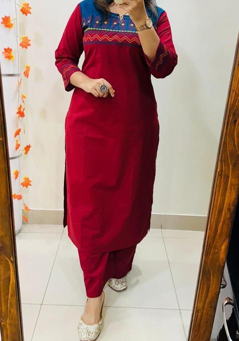 Red Embroidered Cotton Straight Kurta Set