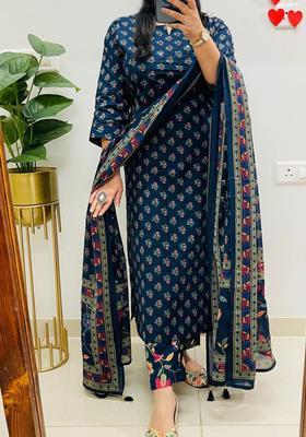 Blue Floral Print Cotton Straight Kurta Set