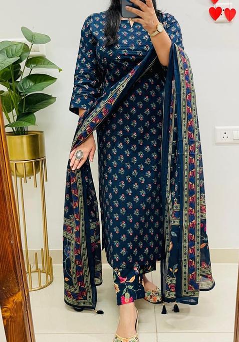 Blue Floral Print Cotton Straight Kurta Set
