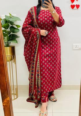 Red Printed Cotton Straight Kurta Set