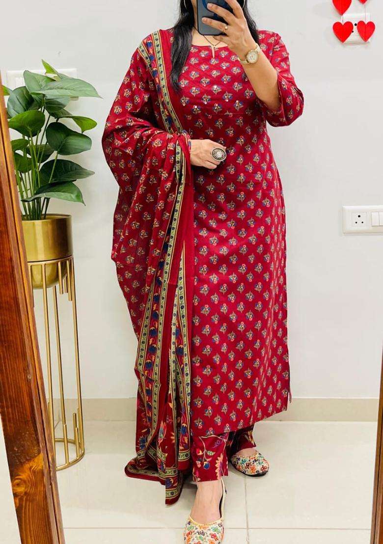 Red Printed Cotton Straight Kurta Set - Indya