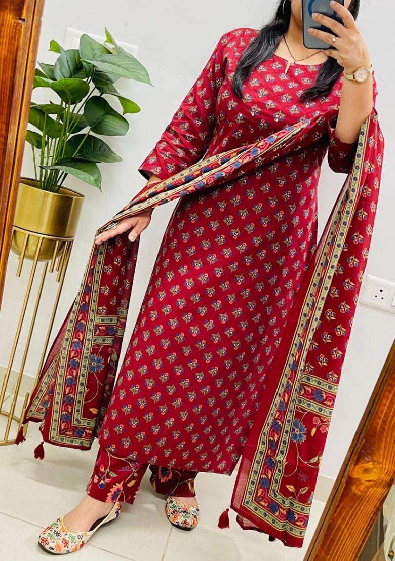 Red Printed Cotton Straight Kurta Set - Indya