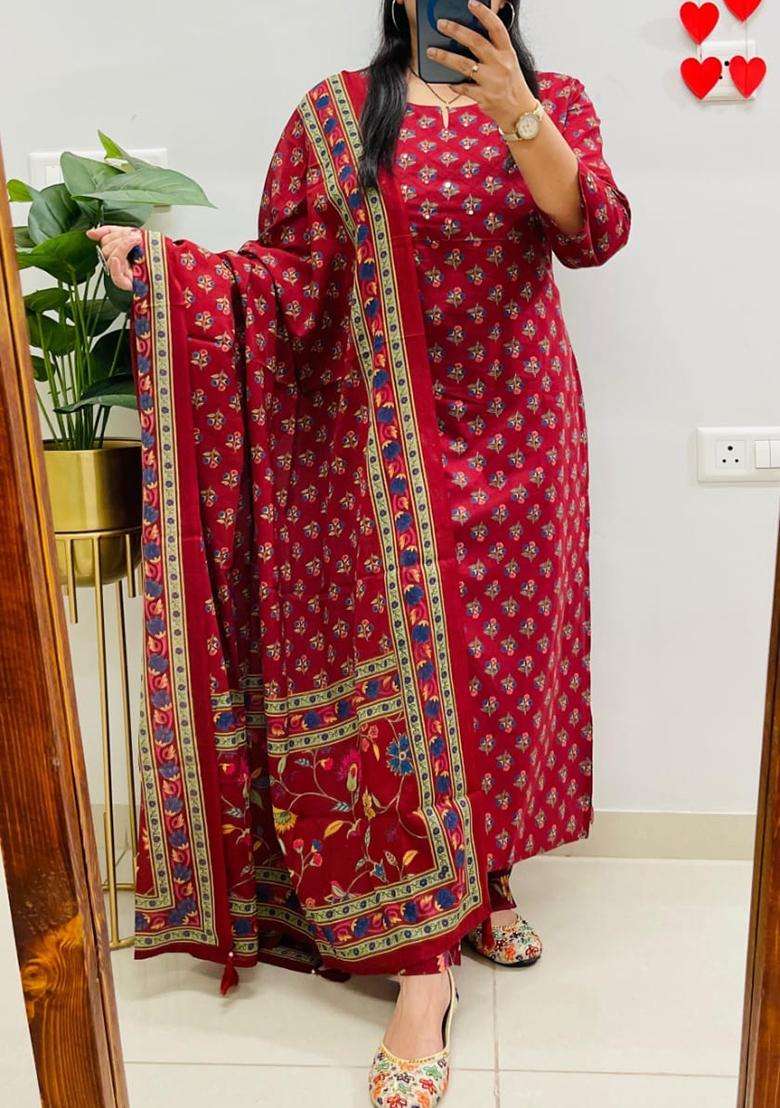 Red Printed Cotton Straight Kurta Set - Indya