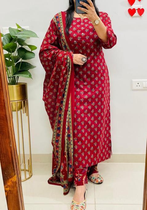 Red Printed Cotton Straight Kurta Set