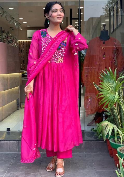 Pink Embroidered Cotton Anarkali Set