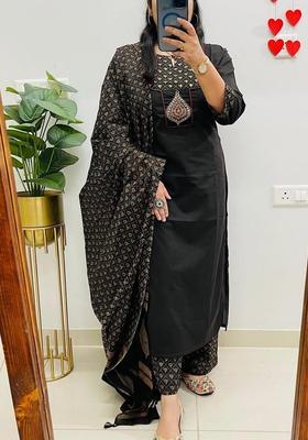 Black Embroidered Cotton Straight Kurta Set