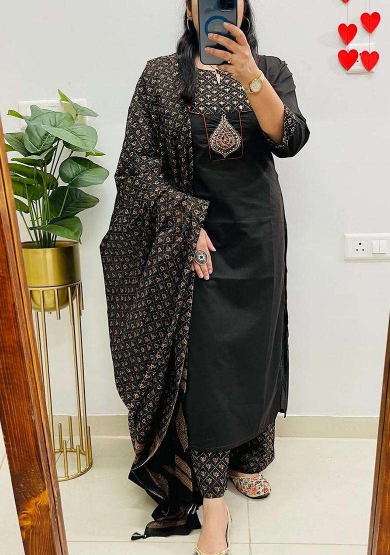 Black Embroidered Cotton Straight Kurta Set - Indya