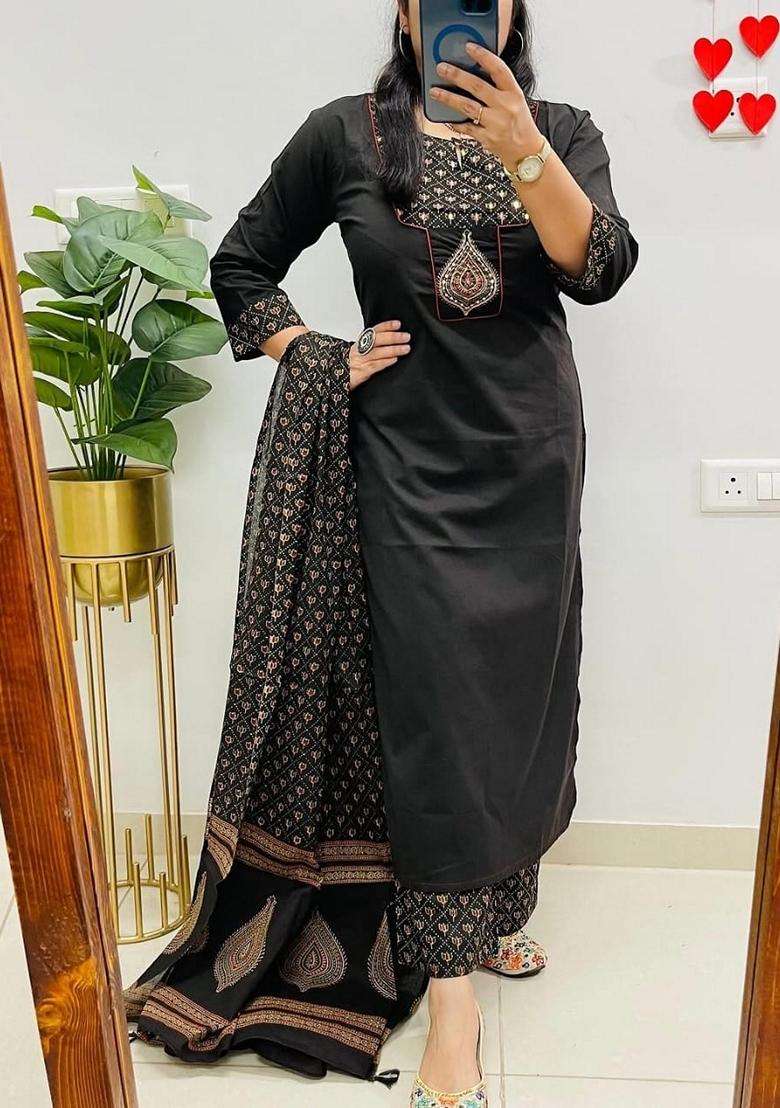 Black Embroidered Cotton Straight Kurta Set - Indya