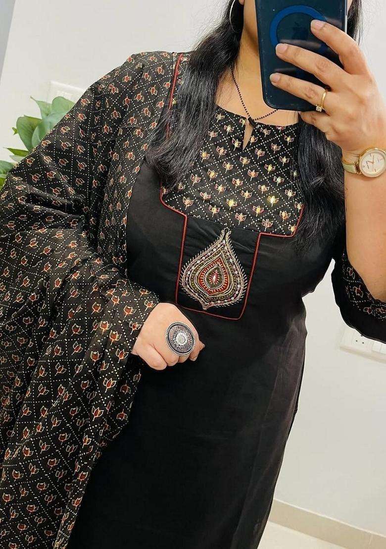 Black Embroidered Cotton Straight Kurta Set - Indya