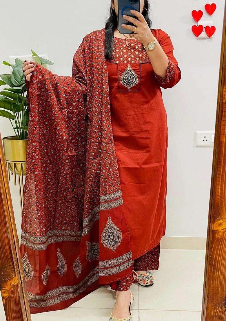 Rust Embroidered Cotton Straight Kurta Set - Indya