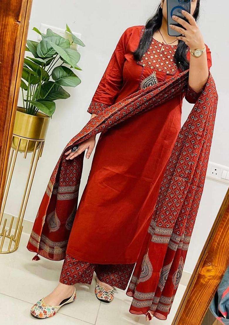 Rust Embroidered Cotton Straight Kurta Set - Indya