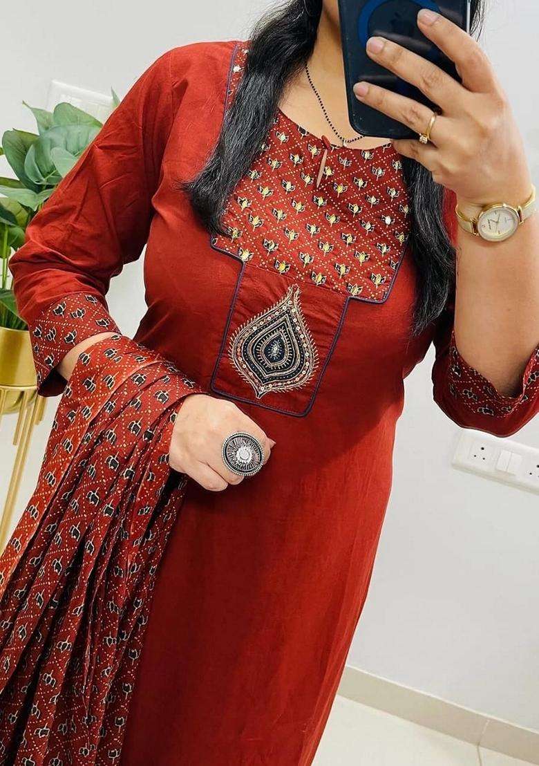 Rust Embroidered Cotton Straight Kurta Set - Indya