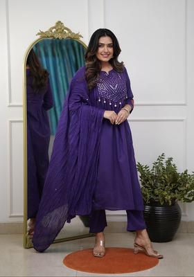 Blue Mirror Work Cotton Straight Kurta Set