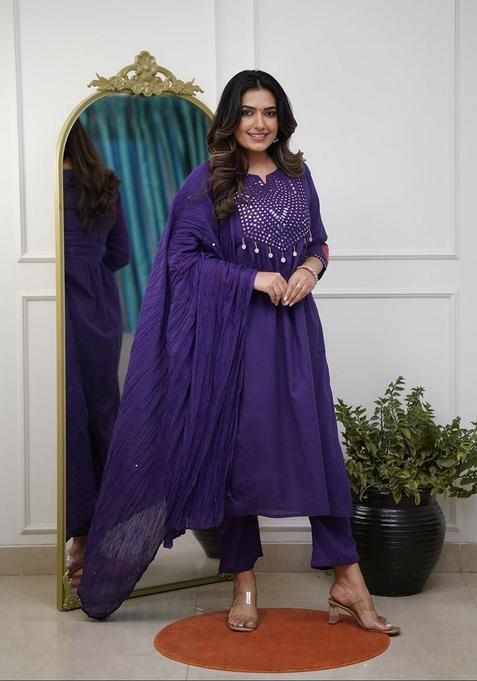 Blue Mirror Work Cotton Straight Kurta Set