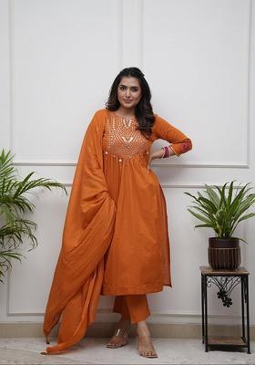Rust Mirror Work Cotton A Line Kurta Set