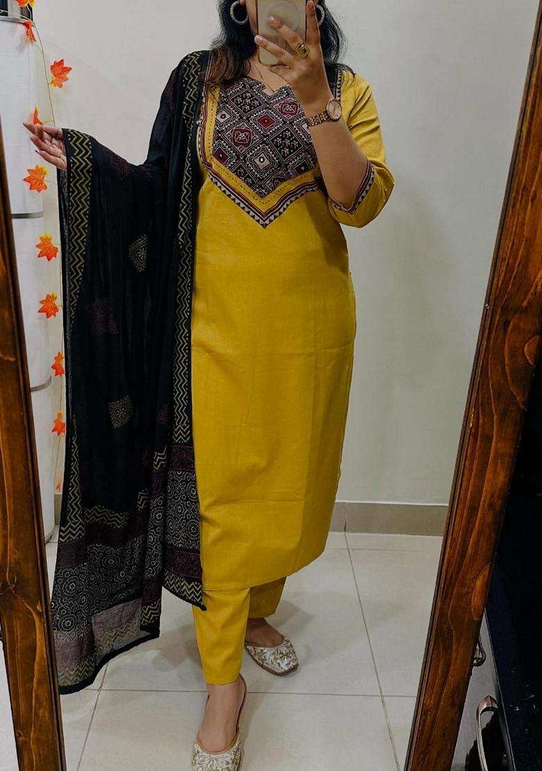 Yellow Embroidered Cotton Straight Kurta Set - Indya
