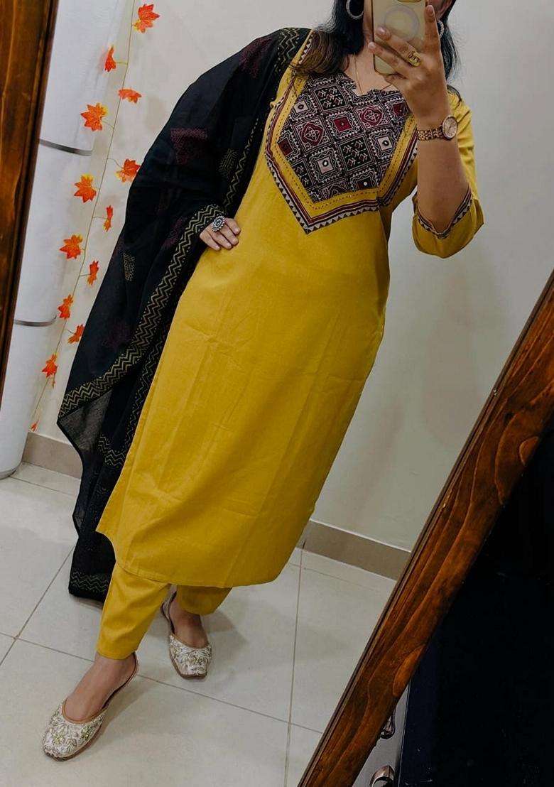 Yellow Embroidered Cotton Straight Kurta Set - Indya