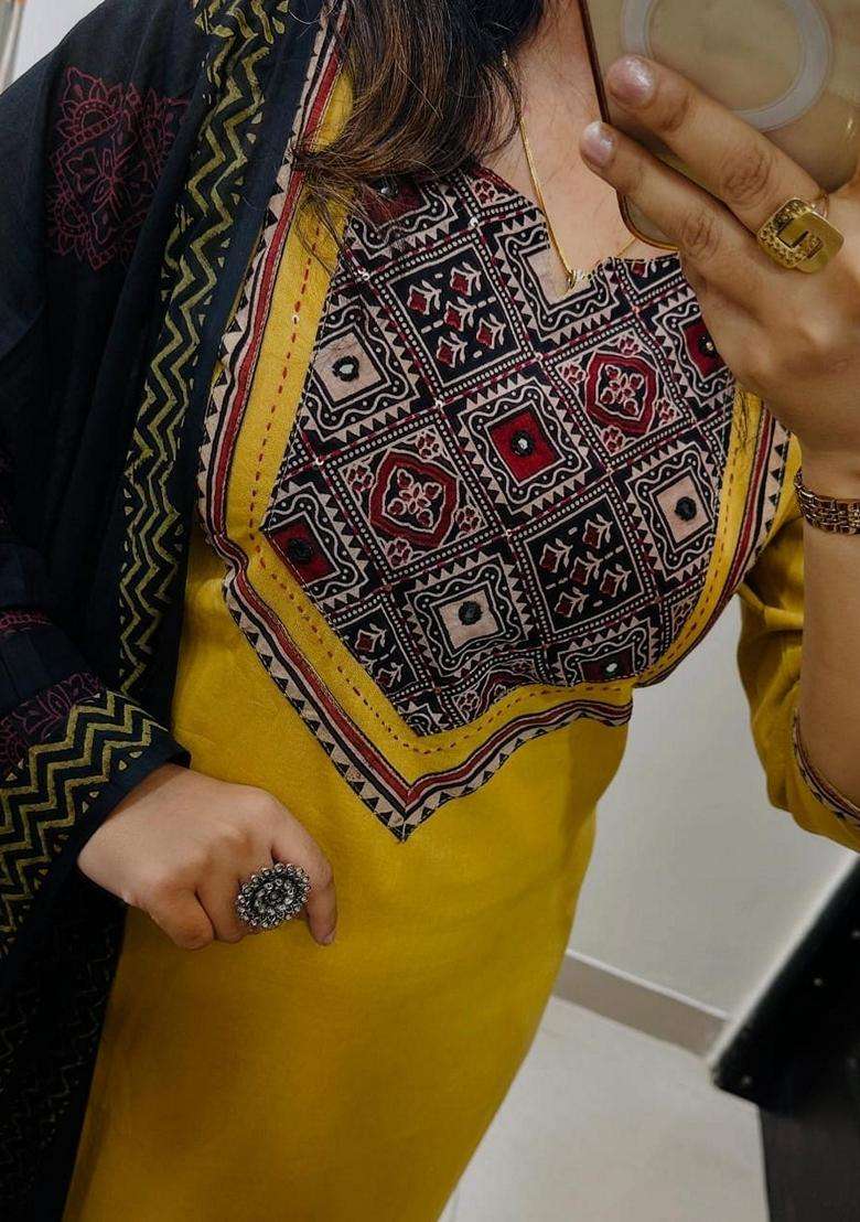 Yellow Embroidered Cotton Straight Kurta Set - Indya