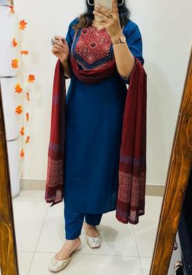 Blue Embroidered Cotton Straight Kurta Set
