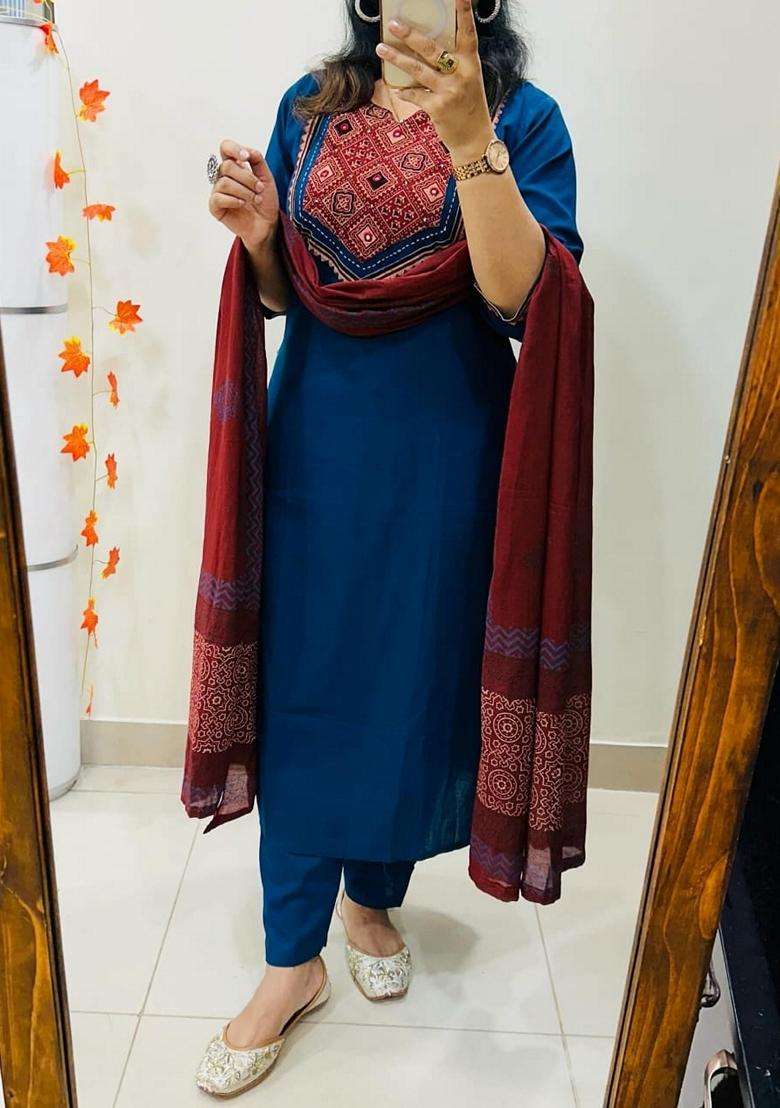 Blue Embroidered Cotton Straight Kurta Set - Indya