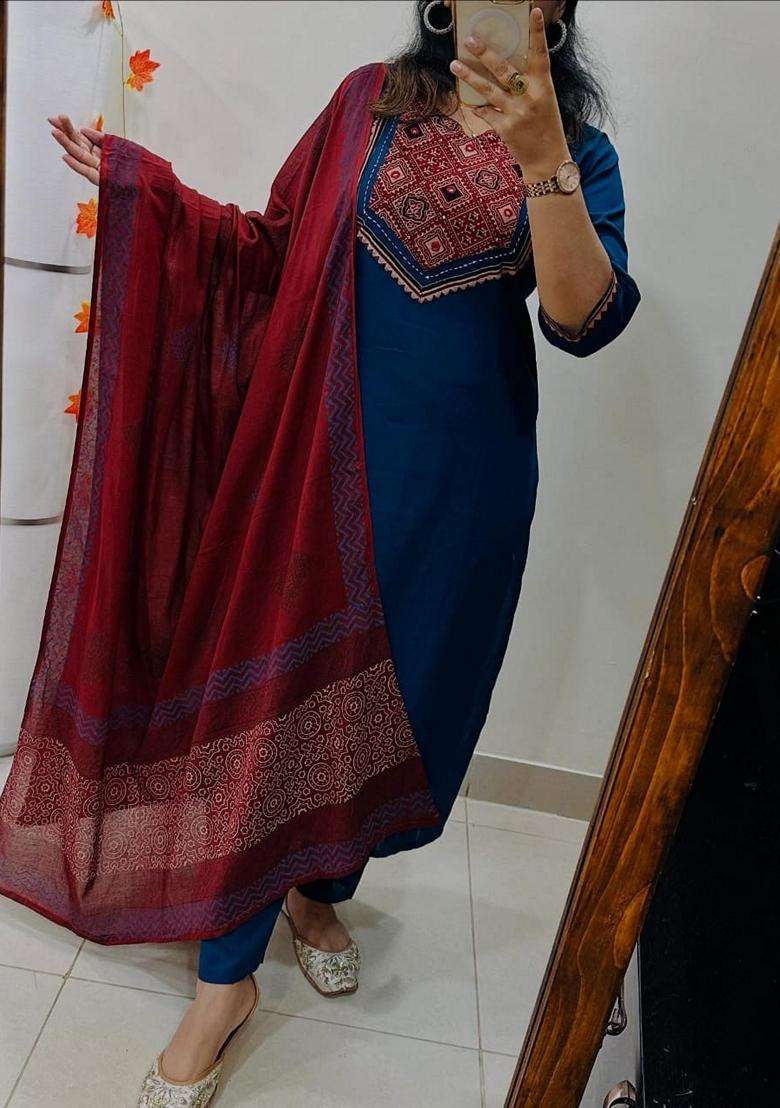 Blue Embroidered Cotton Straight Kurta Set - Indya