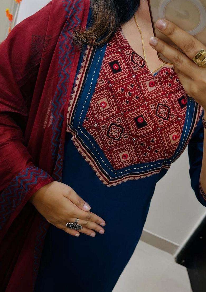 Blue Embroidered Cotton Straight Kurta Set - Indya