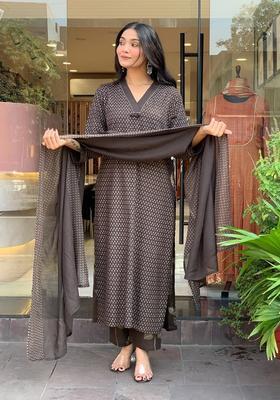 Brown Printed Cotton Straight Kurta Set