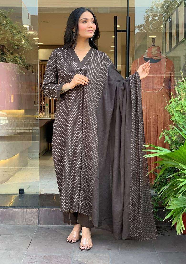 Brown Printed Cotton Straight Kurta Set - Indya