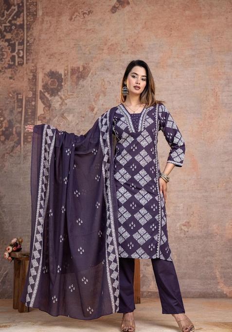 Blue Printed Cotton Straight Kurta Set