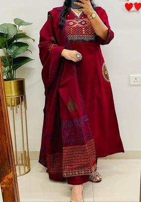 Maroon Embroidered Cotton Straight Kurta Set
