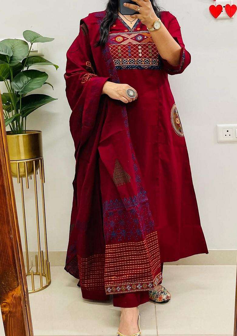 Maroon Embroidered Cotton Straight Kurta Set - Indya
