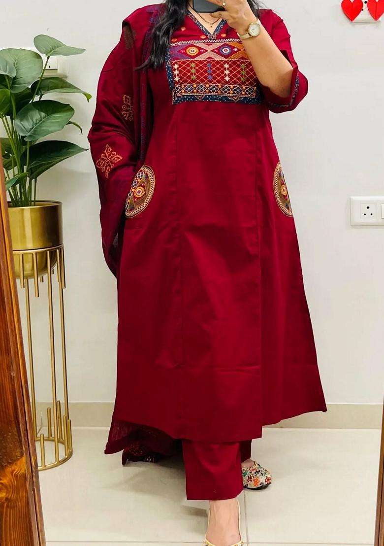 Maroon Embroidered Cotton Straight Kurta Set - Indya