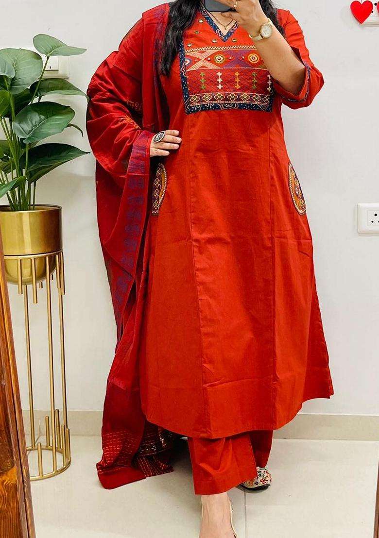 Rust Embroidered Cotton Straight Kurta Set - Indya
