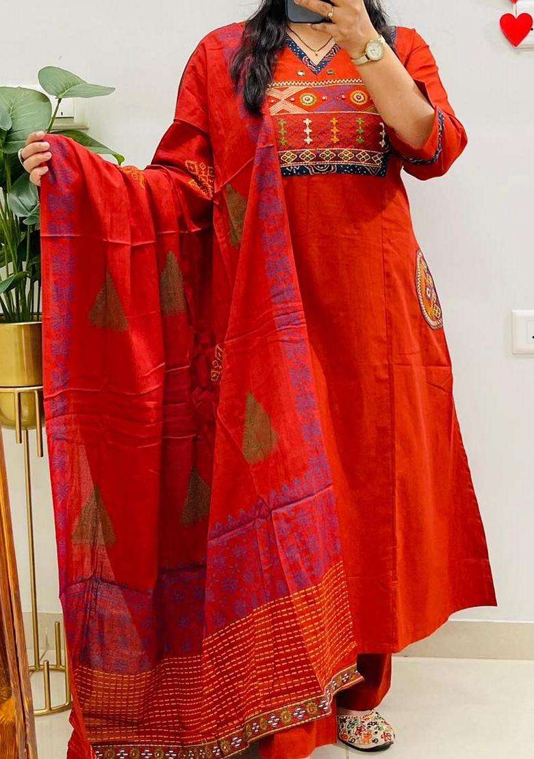 Rust Embroidered Cotton Straight Kurta Set - Indya