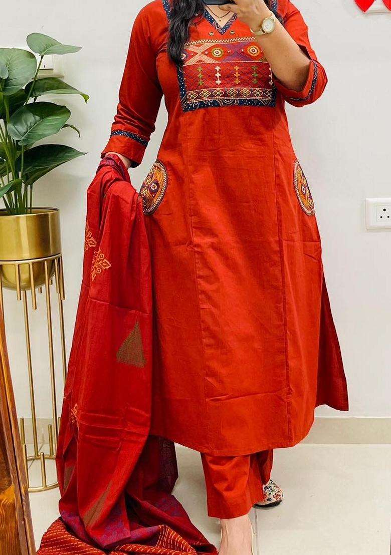 Rust Embroidered Cotton Straight Kurta Set - Indya