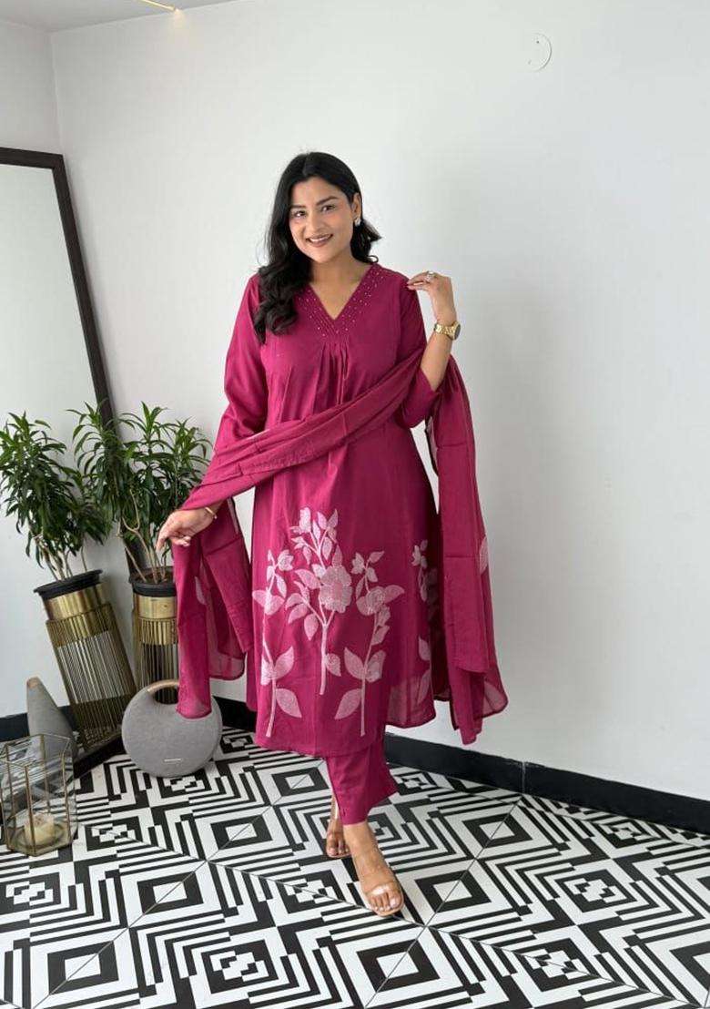 Maroon Floral Print Cotton Straight Kurta Set - Indya