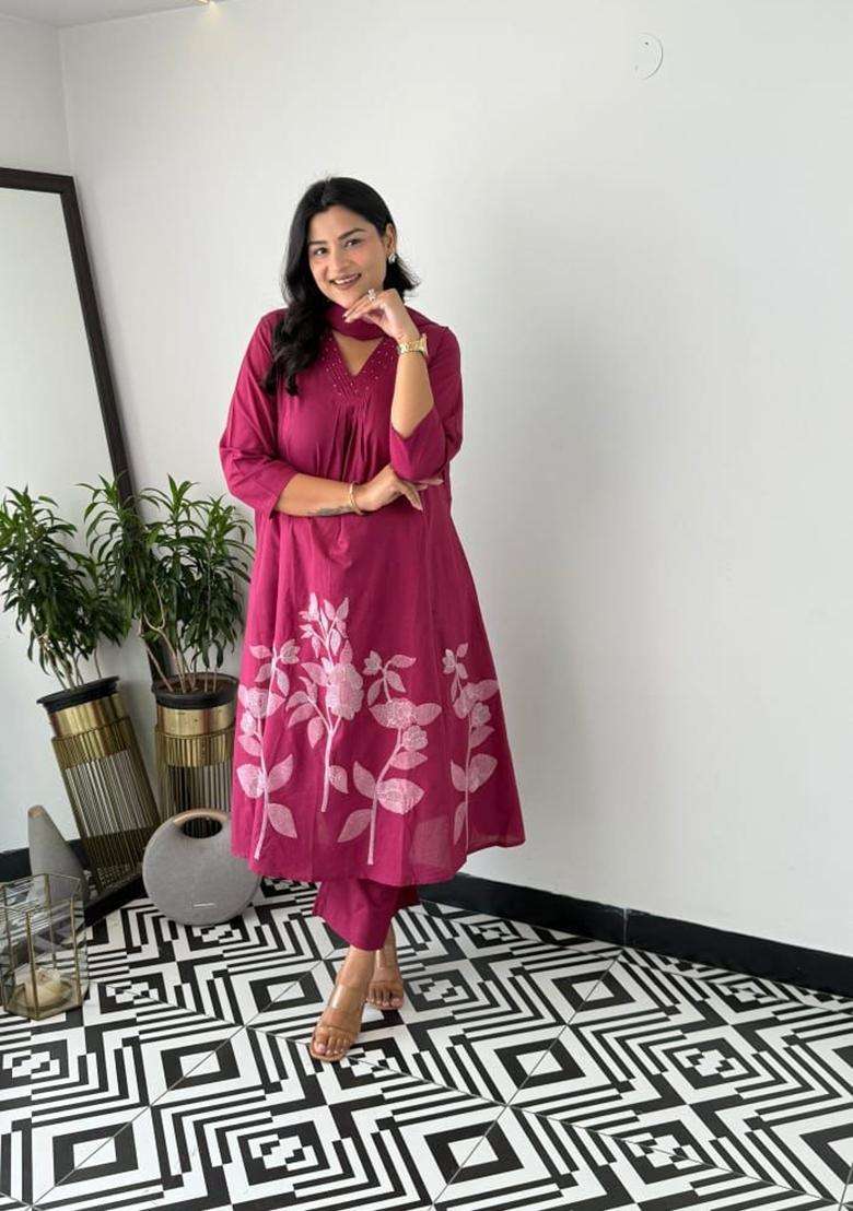 Maroon Floral Print Cotton Straight Kurta Set - Indya