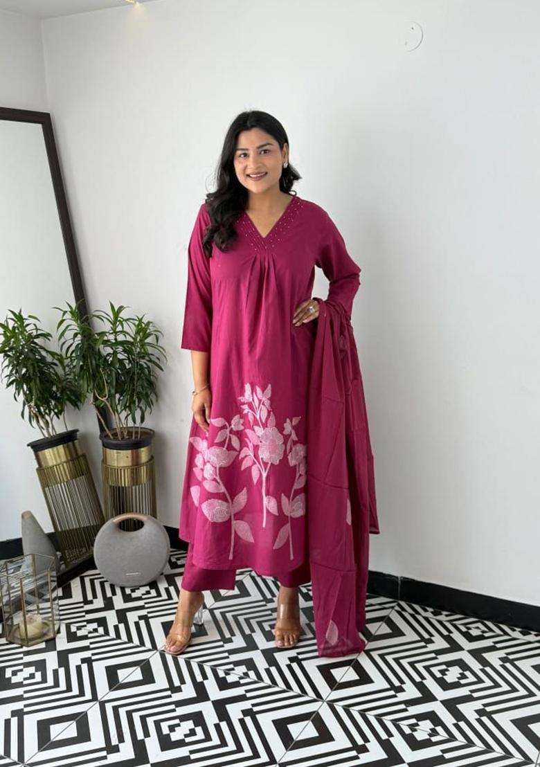 Maroon Floral Print Cotton Straight Kurta Set - Indya