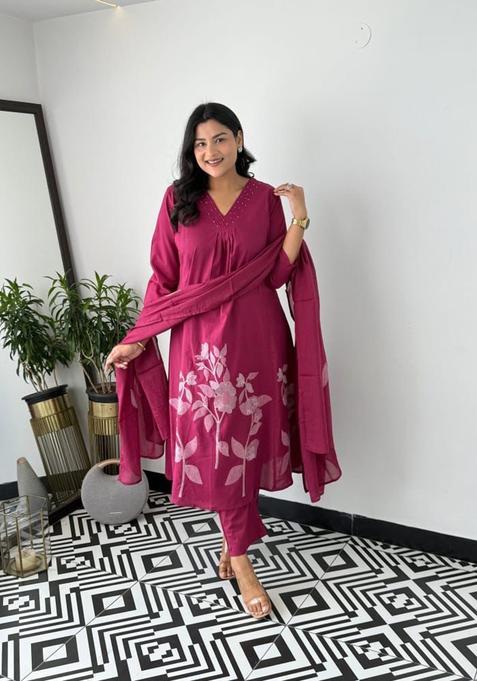 Maroon Floral Print Cotton Straight Kurta Set