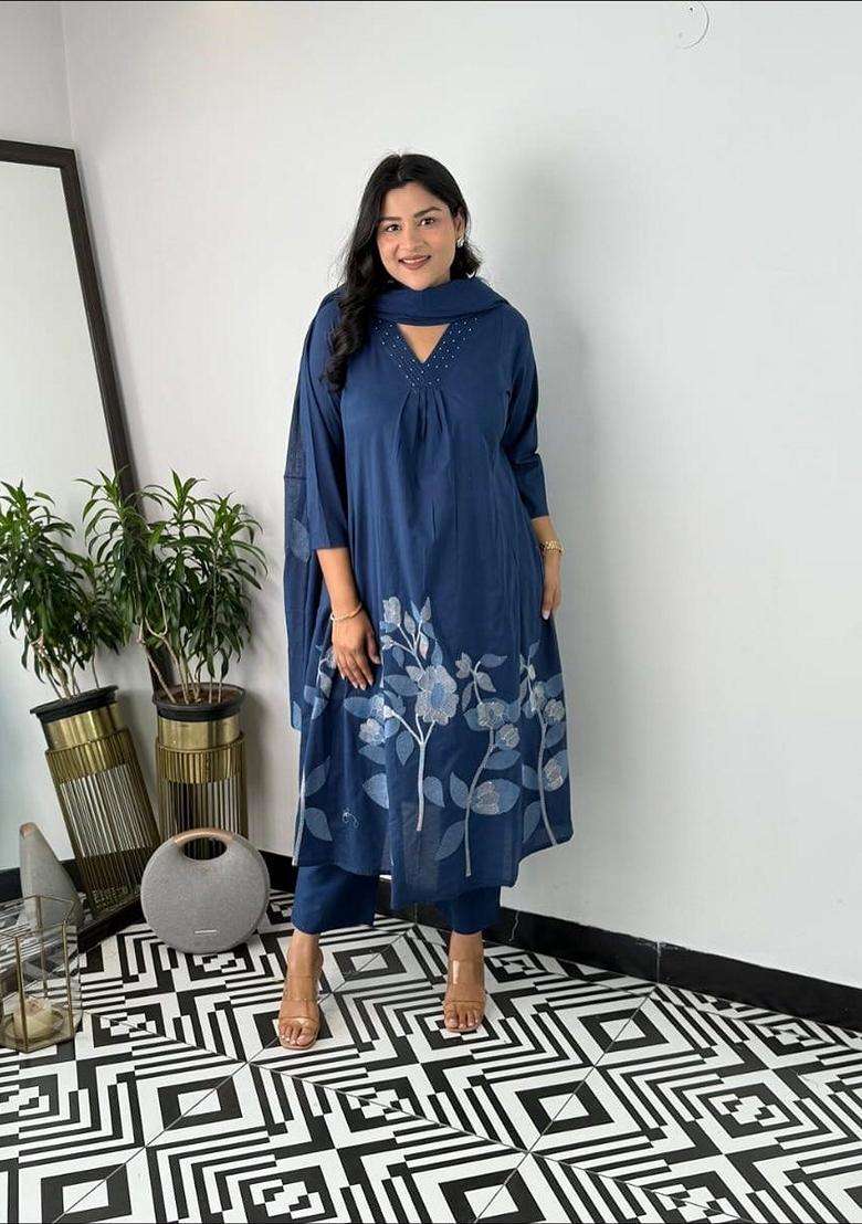 Blue Printed Cotton Straight Kurta Set - Indya